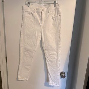 Loft High Waisted Frayed Hem White Jeans